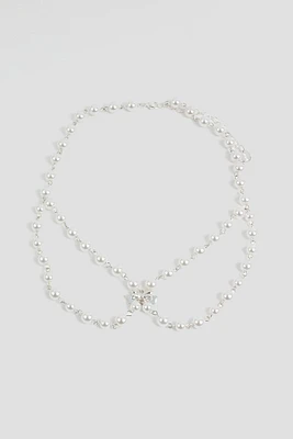 Ardene Princess Style Pearl Necklace with Center Bow in Silver