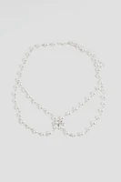 Ardene Princess Style Pearl Necklace with Center Bow in Silver