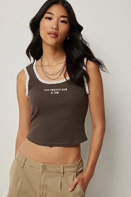 Ardene Lace Trim Tank Top in Brown | Size | 100% Cotton