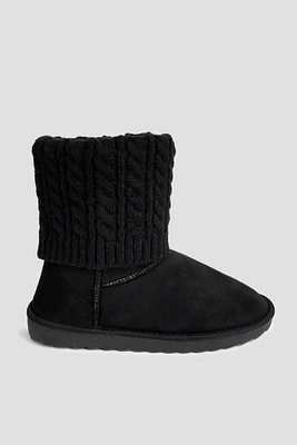 Ardene Faux Sheepskin Boots with Knit Collar in Black | Size | Faux Suede | Eco-Conscious | Microfiber