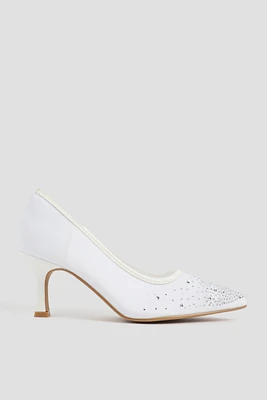 Ardene Embellished Mesh Pumps in White | Size | Faux Leather