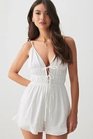 Ardene Ruffle Hem Front Tie Romper in White | Size | Polyester/Cotton