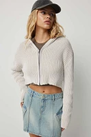 Ardene Rib Knit Zip-Up Hooded Sweater in White | Size | Polyester/Nylon/Viscose