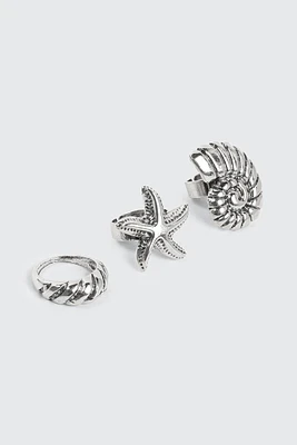 Ardene 3-Pack Starfish & Seashell Rings in Silver | Size