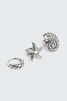 Ardene 3-Pack Starfish & Seashell Rings in Silver | Size
