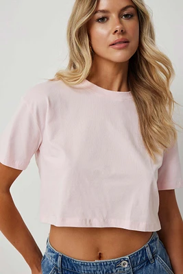 Ardene Basic Ultra Crop Boxy T-Shirt in Light Pink | Size | Cotton/Elastane | Eco-Conscious