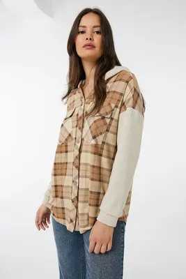 Ardene Dual-Material Oversized Shirt in Brown | Size | Polyester/Spandex | Fleece-Lined