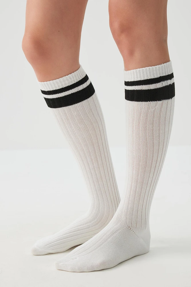Ardene Striped Knee High Socks in White | Polyester/Spandex