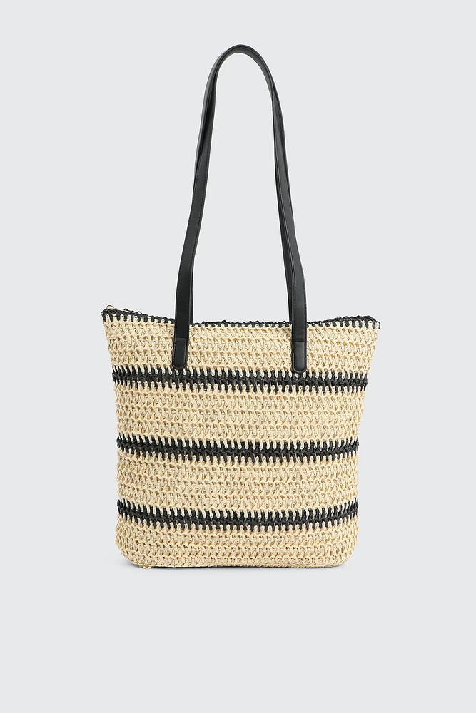 Ardene Striped Straw Tote Bag in Beige | 100% Recycled Polyester | Eco-Conscious