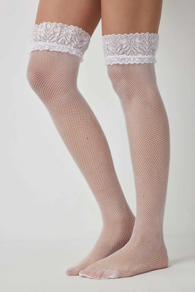 Ardene Over-the-Knee Socks with Lace Trim in White, Nylon/Spandex