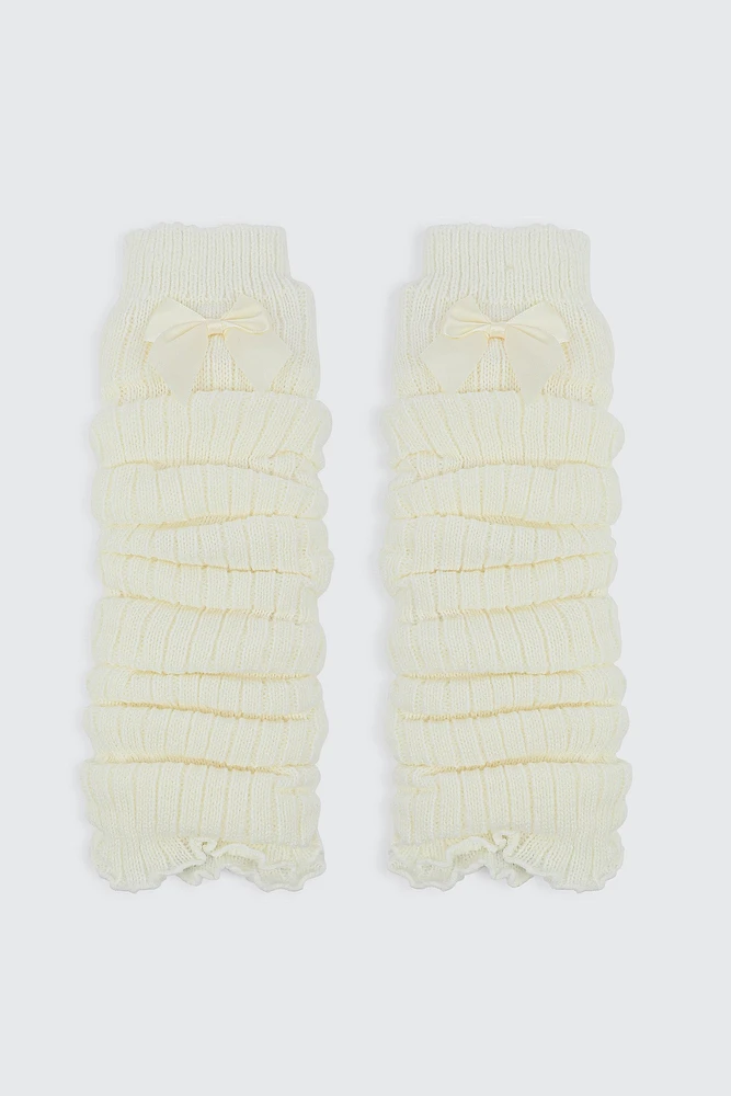 Ardene Ribbed Leg Warmers with Bow in White | 100% Acrylic