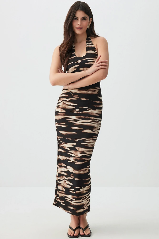 Ardene Printed Halter Maxi Dress in Brown | Size | Polyester/Elastane