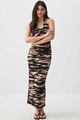 Ardene Printed Halter Maxi Dress in Brown | Size | Polyester/Elastane