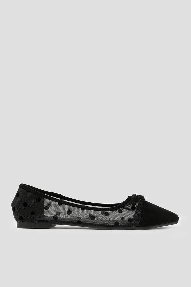 Ardene Polka Dot Mesh Ballet Flats in Black | Size | Faux Suede