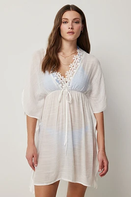 Ardene Caftan with Floral Lace Detail in White | Polyester