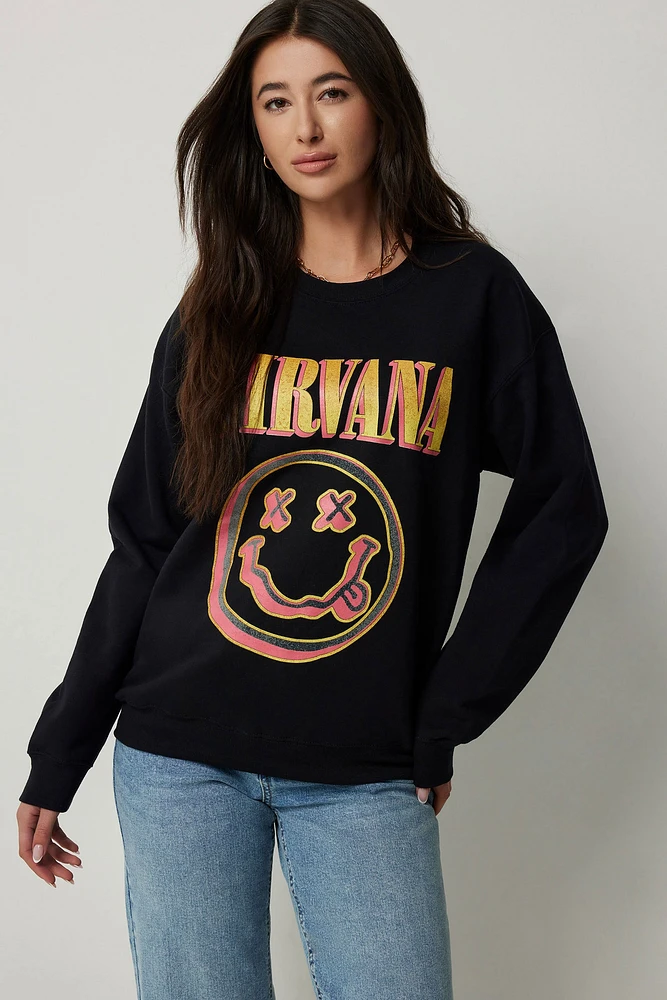 Ardene Nirvana Sweatshirt in Black | Size | Polyester/Cotton | Fleece-Lined