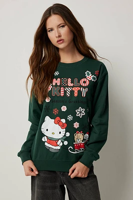 Ardene Holiday Hello Kitty Sweatshirt in Dark Green | Size | Polyester/Cotton | Fleece-Lined