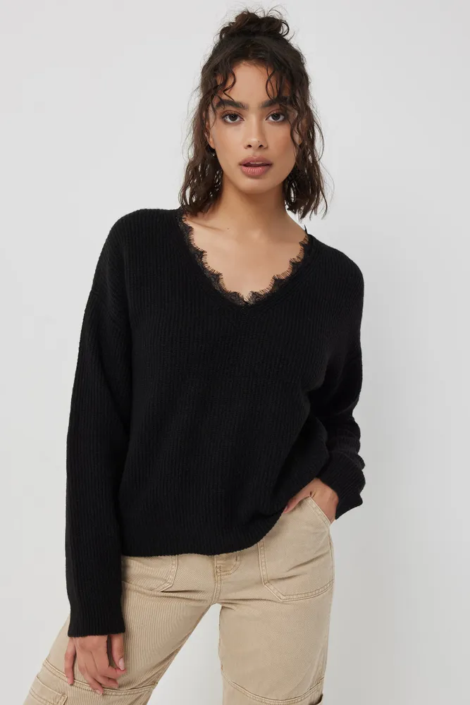 Ardene Lace Trim V-Neck Sweater in, Size, Polyester/Spandex