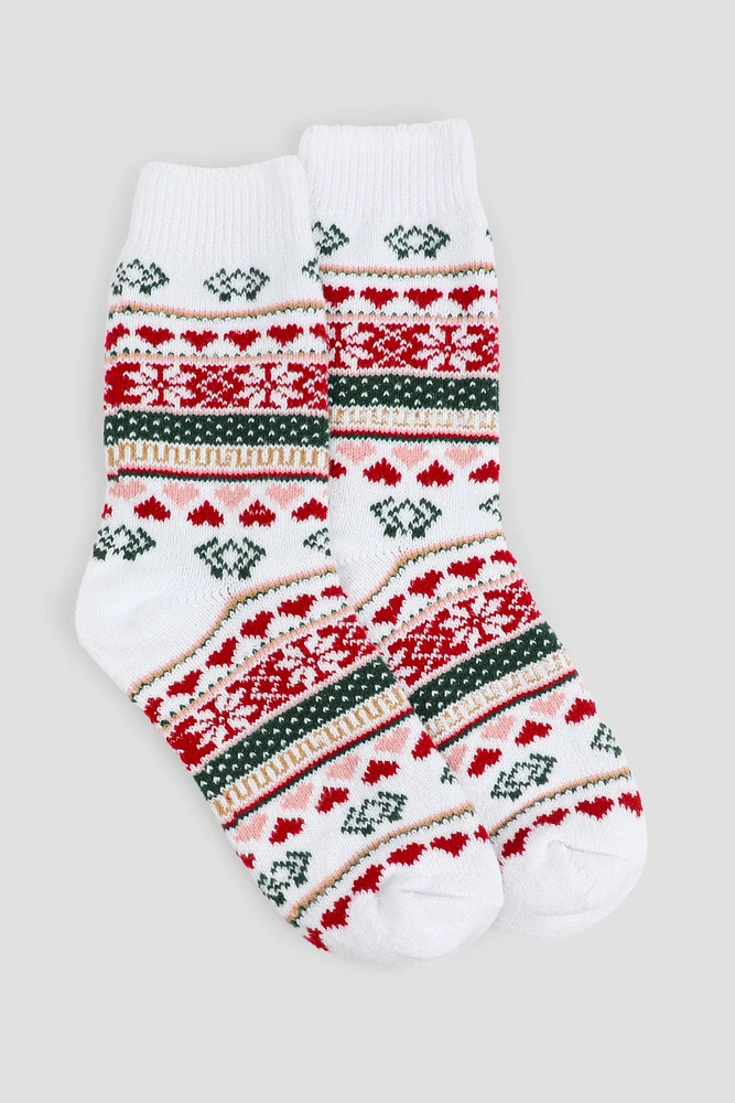 Ardene Heart Fair Isle Cozy Socks in White | Polyester/Spandex