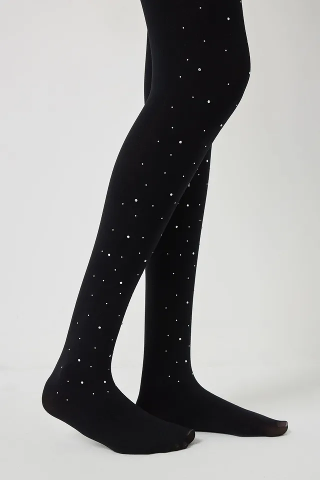 Ardene Tights with Iridescent Crystals in Black, Size