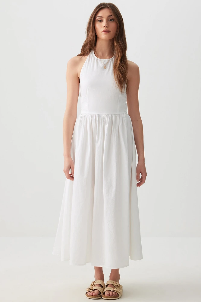 Ardene Poplin Drop Waist Midi Dress in White | Size | 100% Cotton