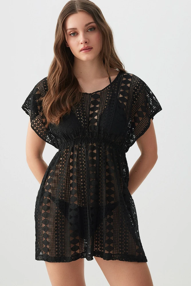 Ardene Cinched Lace Swim Cover Up in Black | Polyester