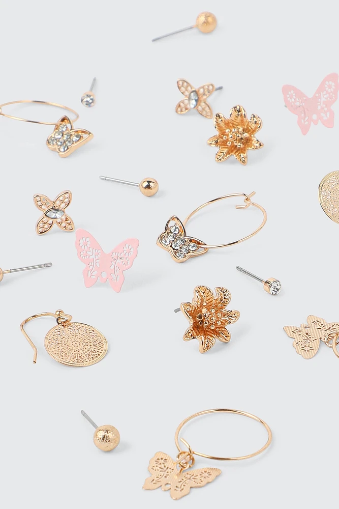 Ardene 9-Pack Butterfly & Flower Earrings in Gold | Stainless Steel