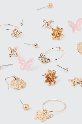 Ardene 9-Pack Butterfly & Flower Earrings in Gold | Stainless Steel