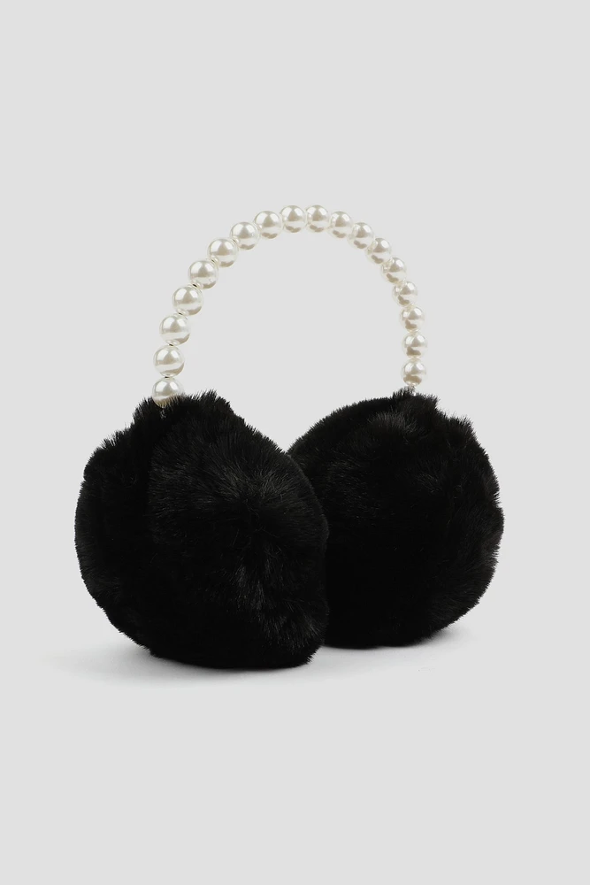 Ardene Faux Fur Earmuffs with Pearls in Black | Polyester/Nylon