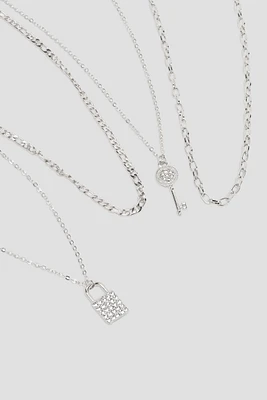 Ardene 4-Pack of Padlock & Cross Necklaces in Silver