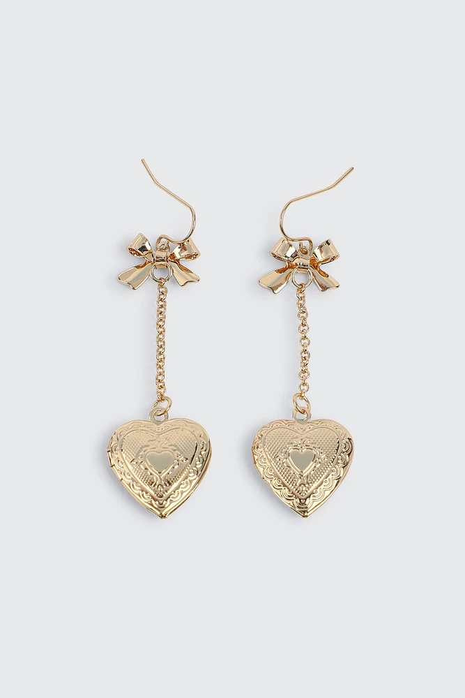 Ardene Bow & Heart Drop Earrings in Gold | Stainless Steel