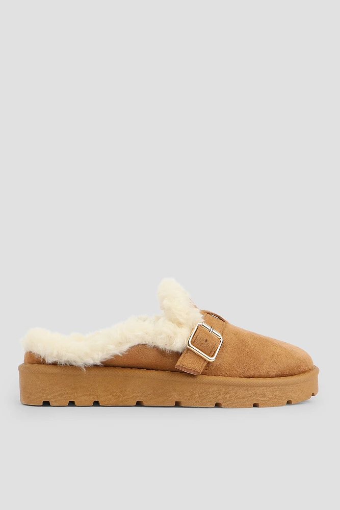 Ardene Faux Sheepskin Clogs with Accent Buckle in Cognac | Size | Faux Suede | Eco-Conscious