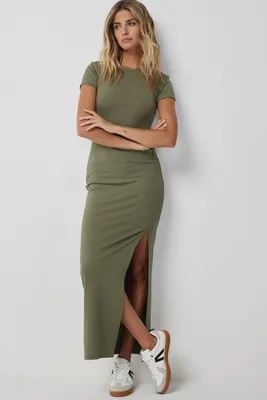 Ardene Jersey Maxi Dress With Slit in Khaki | Size | Polyester/Spandex