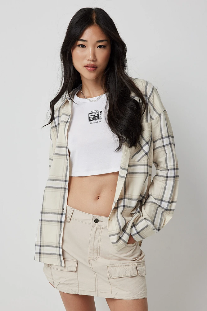 Ardene Plaid Poplin Shirt in Beige | Size | 100% Cotton