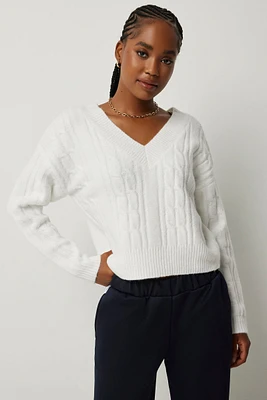 Ardene Short Cable Knit Sweater in White | Size | Polyester/Spandex