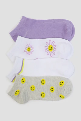 Ardene 4-Pack Flower & Happy Face Ankle Socks | Polyester/Spandex