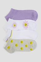 Ardene 4-Pack Flower & Happy Face Ankle Socks | Polyester/Spandex