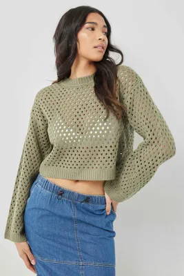 Ardene Boxy Open Stitch Sweater in Khaki | Size Small | 100% Acrylic