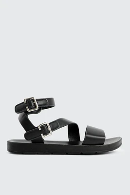 Ardene Strappy Flat Sandals in Black | Size | Faux Leather | Eco-Conscious