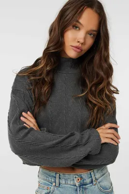 Ardene Mock Neck Crop Cable Sweater in Grey | Size | Polyester/Elastane/Viscose