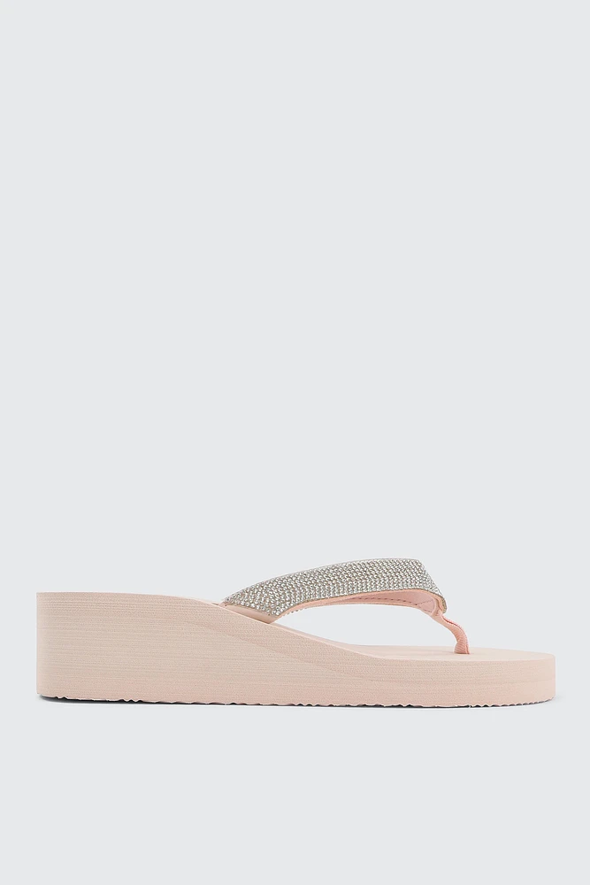 Ardene Embellished Wedge Flip-Flops Sandals in Light Pink | Size