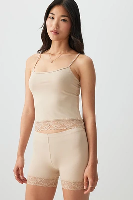 Ardene Basic Super Soft Lace Trim Biker Shorts in Beige | Size | Polyester/Spandex | Eco-Conscious