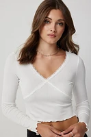 Ardene Long Sleeve Lace Trim Top in White | Size | Polyester/Elastane