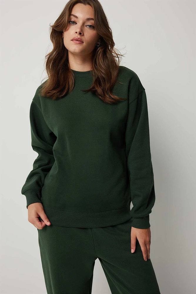 Ardene Solid Crew Neck Sweatshirt in Dark Green | Size | Polyester/Cotton | Eco-Conscious