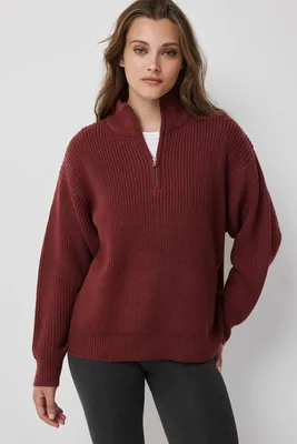 Ardene Half-Zip Mock Neck Sweater in Burgundy | Size | 100% Acrylic