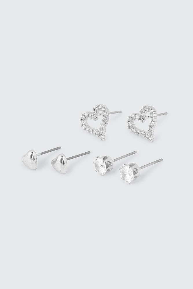 Ardene 3-Pack Heart 14K White Gold Plated Earrings in Silver | Stainless Steel