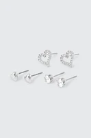 Ardene 3-Pack Heart 14K White Gold Plated Earrings in Silver | Stainless Steel
