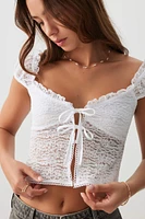 Ardene Short Sleeve Tie Front Lace Top in White | Size | Elastane/Polyamide