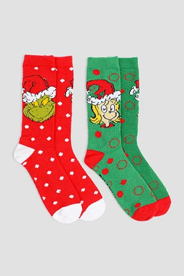 Ardene 2-Pack The Grinch & Cindy Lou Cozy Socks in Red | Polyester/Spandex