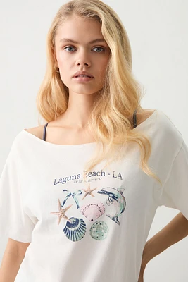 Ardene Off Shoulder Graphic PJ Top in White | Size | Cotton/Viscose | Eco-Conscious